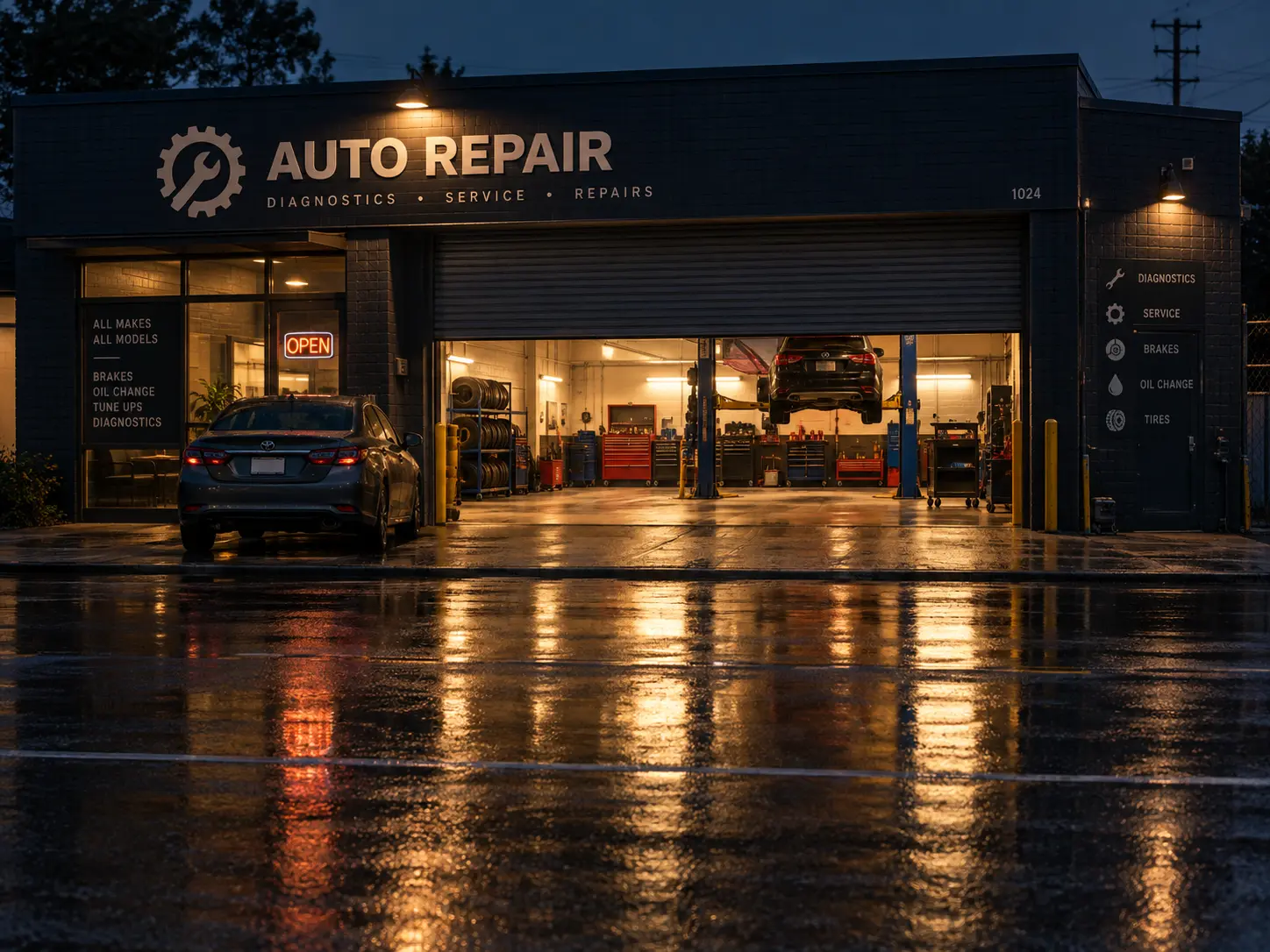 Auto repair shop lit up at dusk with a car waiting on the wet forecourt
