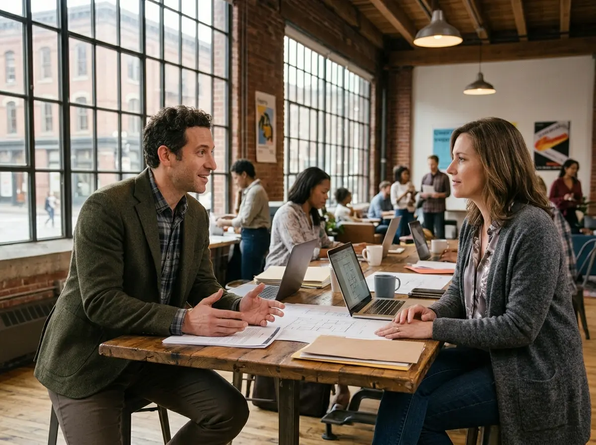 Two people talking across a table in a converted-warehouse office, plans and a laptop between them