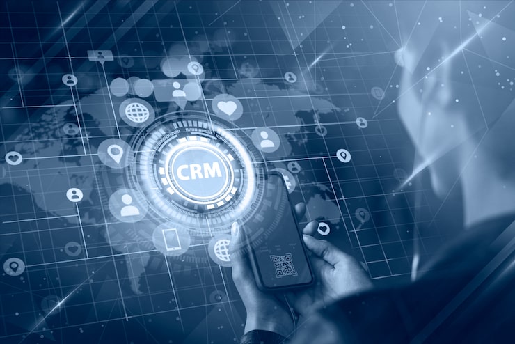 A CRM hub linking customer profiles, opened on a phone
