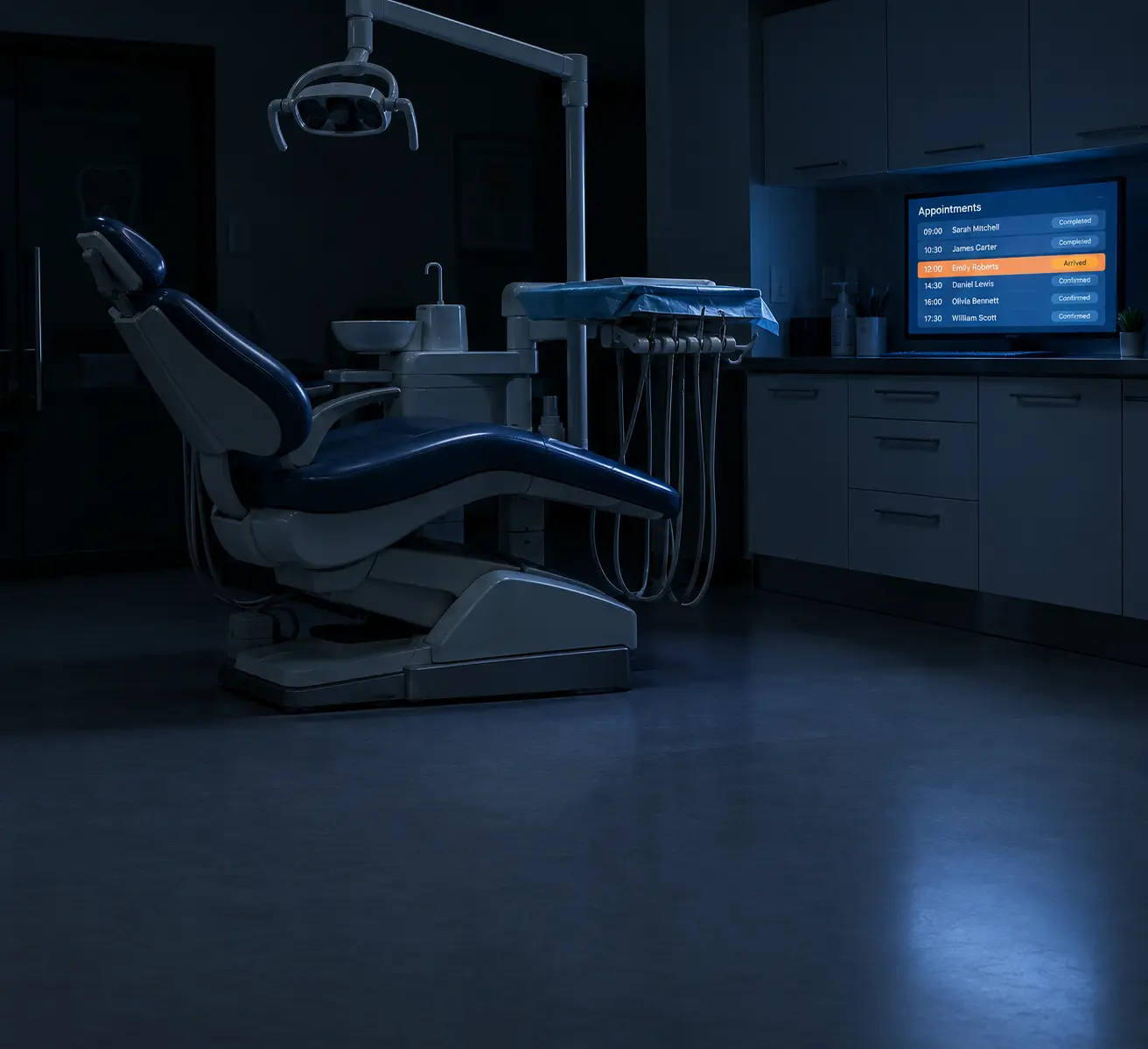 Dental surgery after hours, the appointment list still lit on a screen