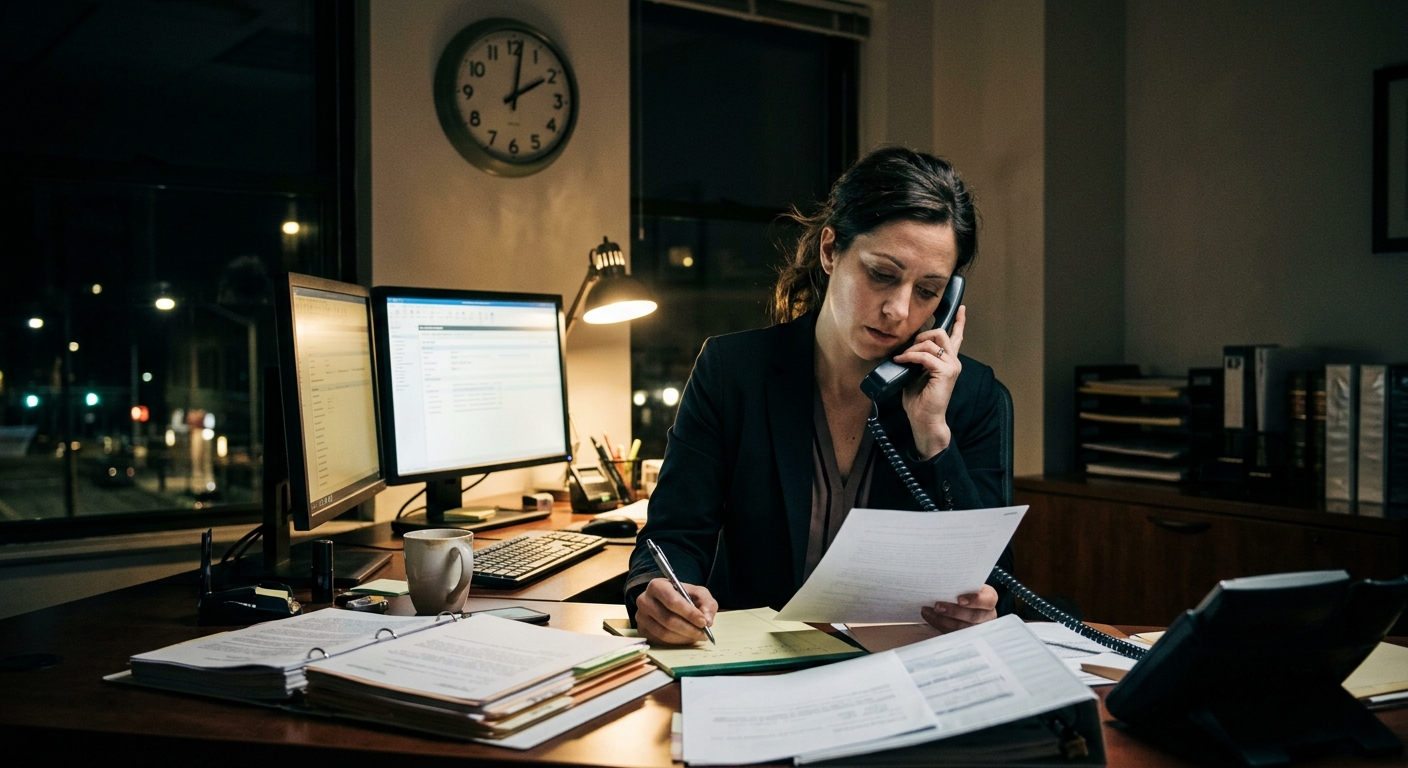 Attorney taking a call late at night over case files
