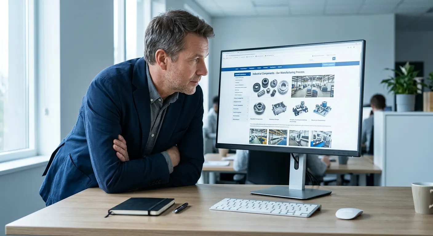 Buyer studying a manufacturer's website on an office monitor