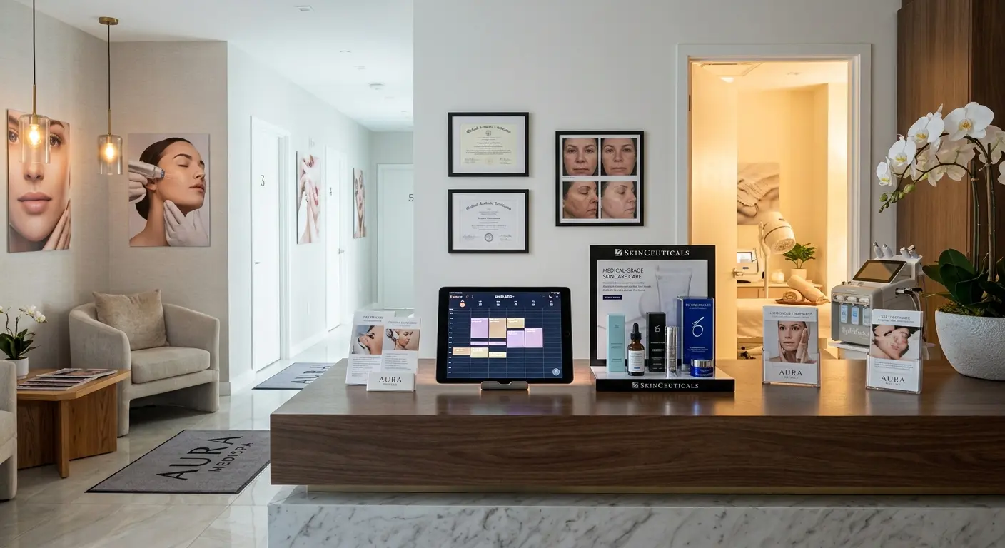 Empty med spa reception with a tablet showing the day's appointments