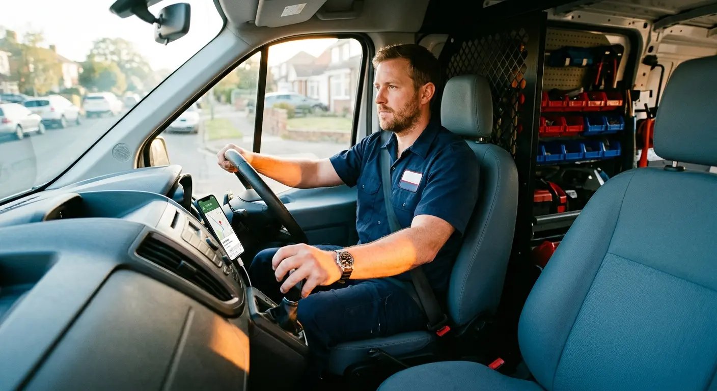 A plumber setting off in his van with the next job on the dashboard phone