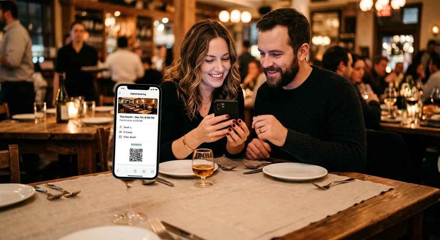 Couple at a restaurant table looking at a booking confirmation on a phone