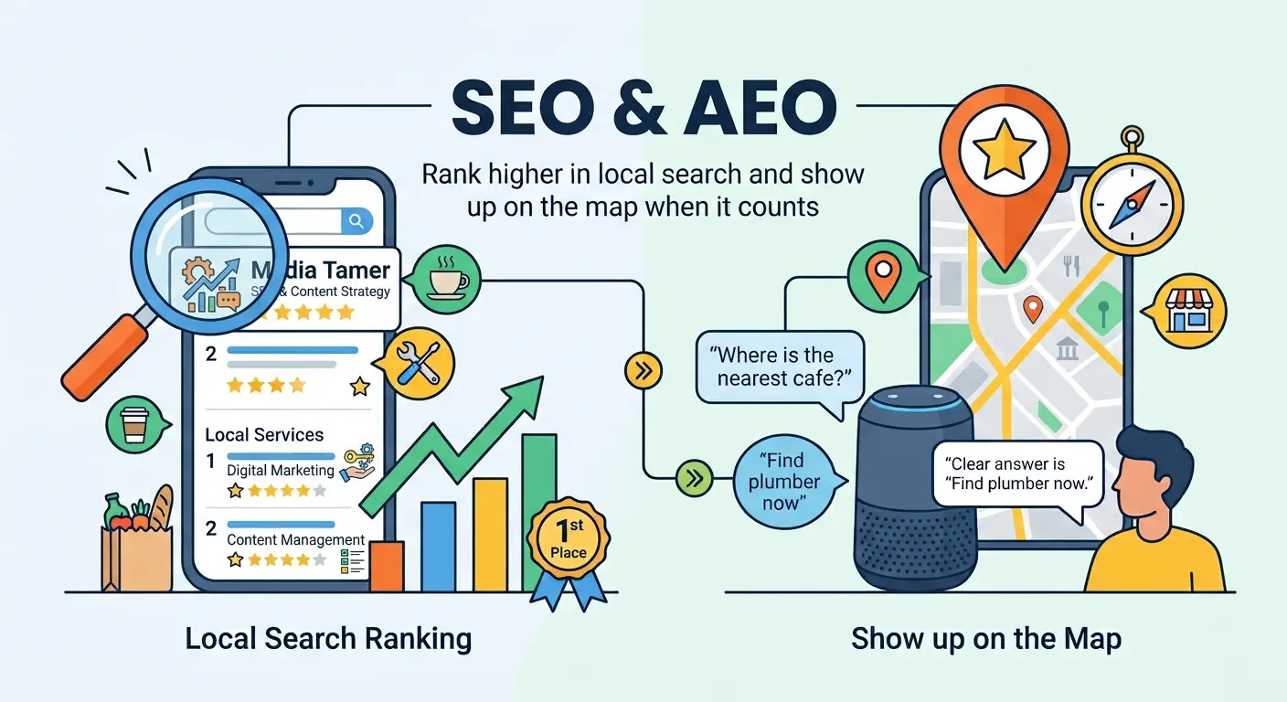 Diagram of a business ranking in local search results and appearing on the map