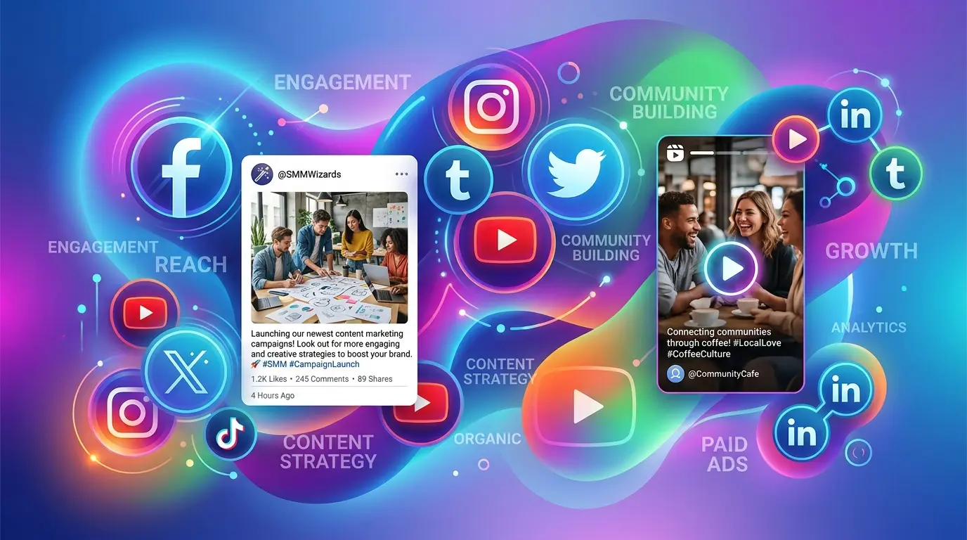 Social media icons around an unbranded example post with captions behind it