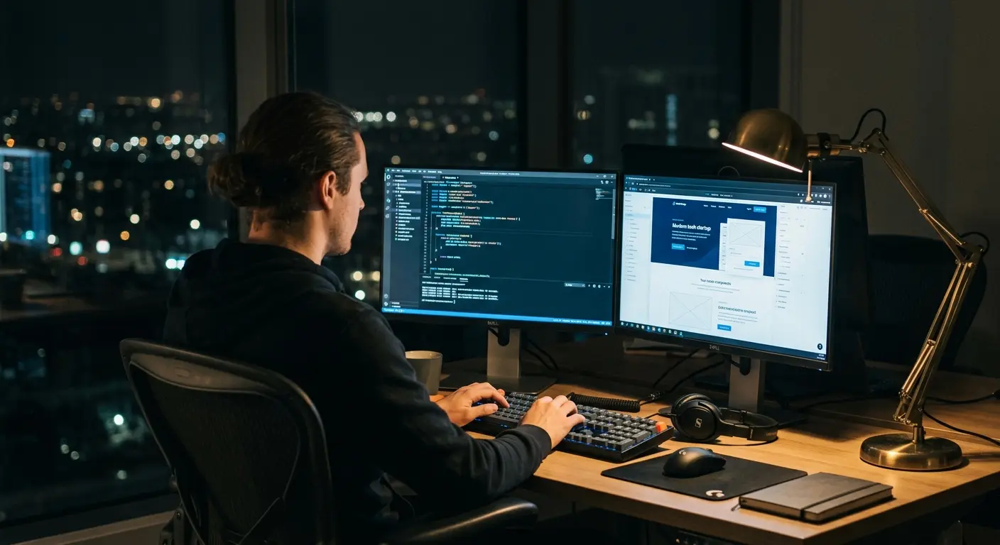 Developer at a two-monitor desk at night, code on one screen and a website layout on the other