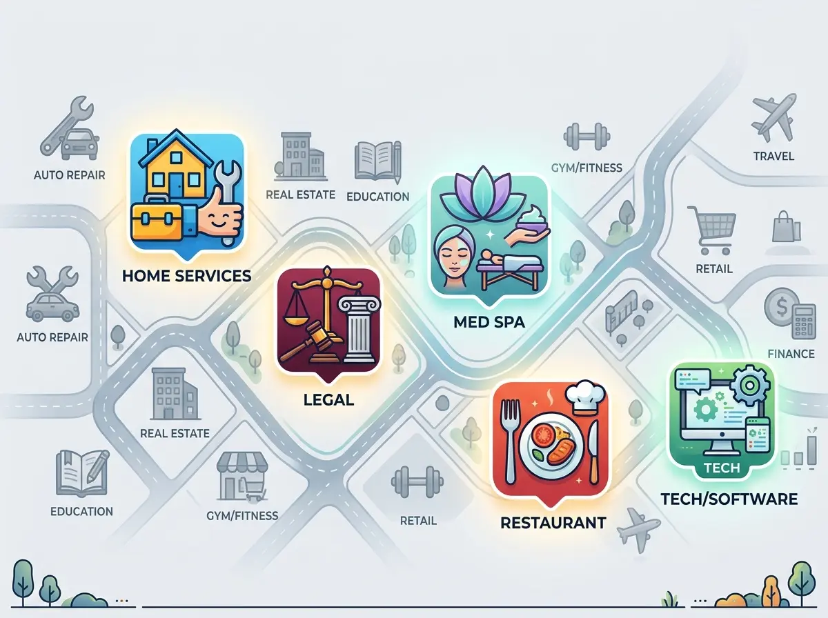 A map of industries with several picked out in colour against muted ones