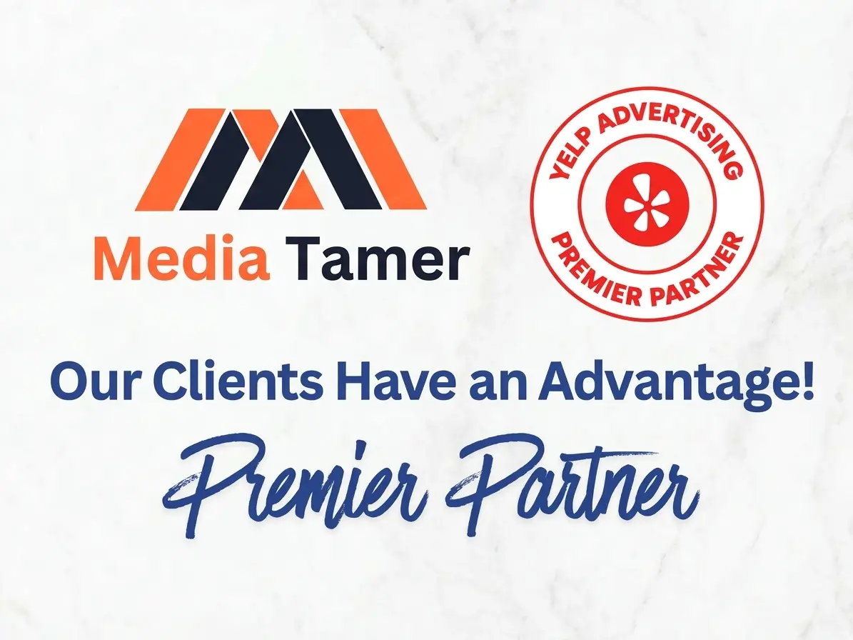 MediaTamer and the Yelp Advertising Premier Partner badge, with the line Our Clients Have an Advantage