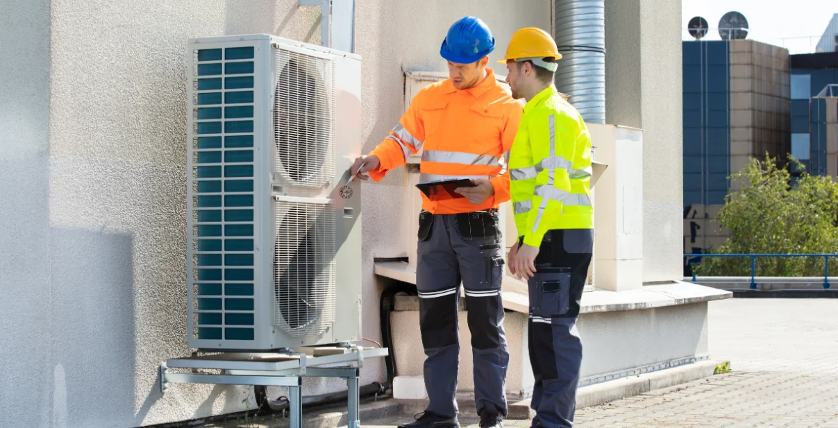 Two technicians in safety gear inspecting an outdoor air conditioning unit, discussing maintenance procedures for HVAC systems, representing a local air conditioning business.