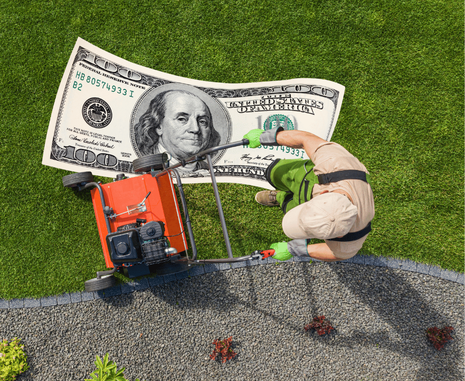 Landscaper using equipment on grass with a hundred-dollar bill, symbolizing profitability in landscaping business.