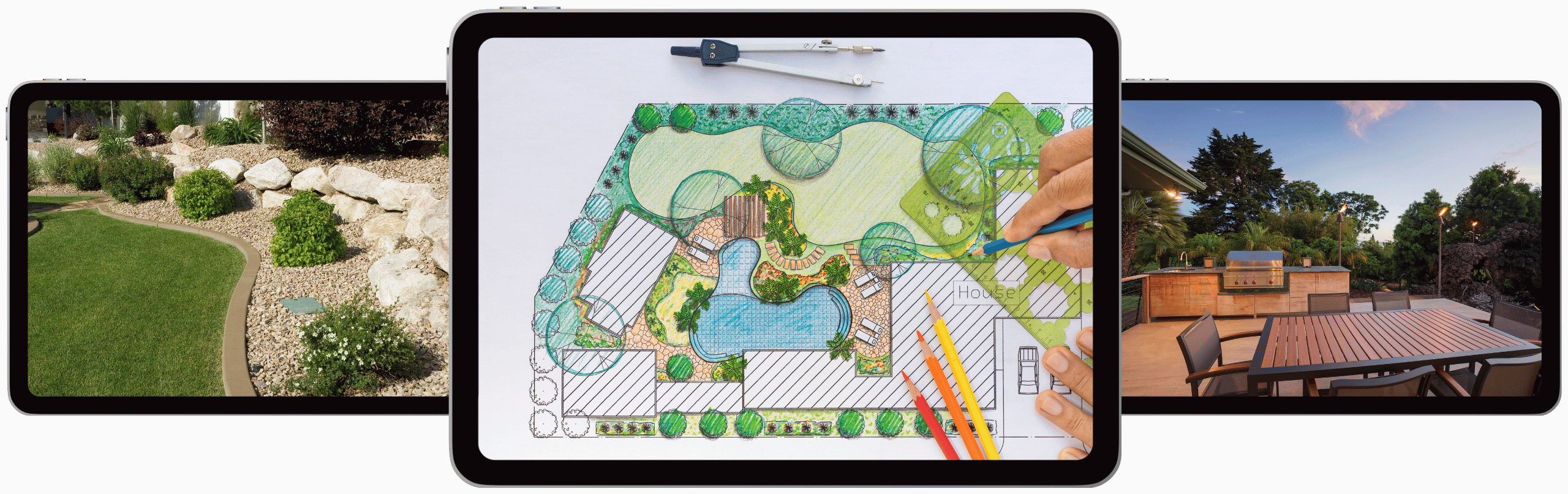 Landscape design plan with vibrant colors, showing a pool, patio, and garden elements, illustrating professional landscaping services for residential and commercial projects.