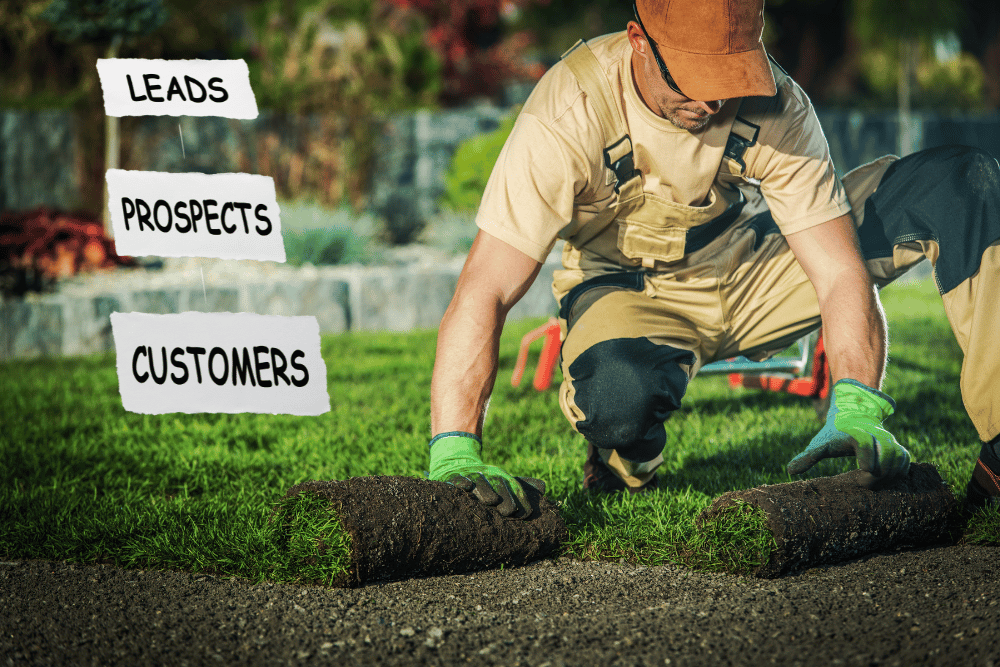 Landscaper laying sod on a lawn with text overlays reading "Leads," "Prospects," and "Customers," emphasizing lead generation for landscaping businesses.