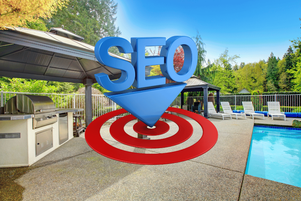 SEO graphic with a large blue "SEO" text and downward arrow overlaid on a target, set in a landscaped backyard with a pool and outdoor kitchen, emphasizing digital marketing strategies for landscaping businesses.